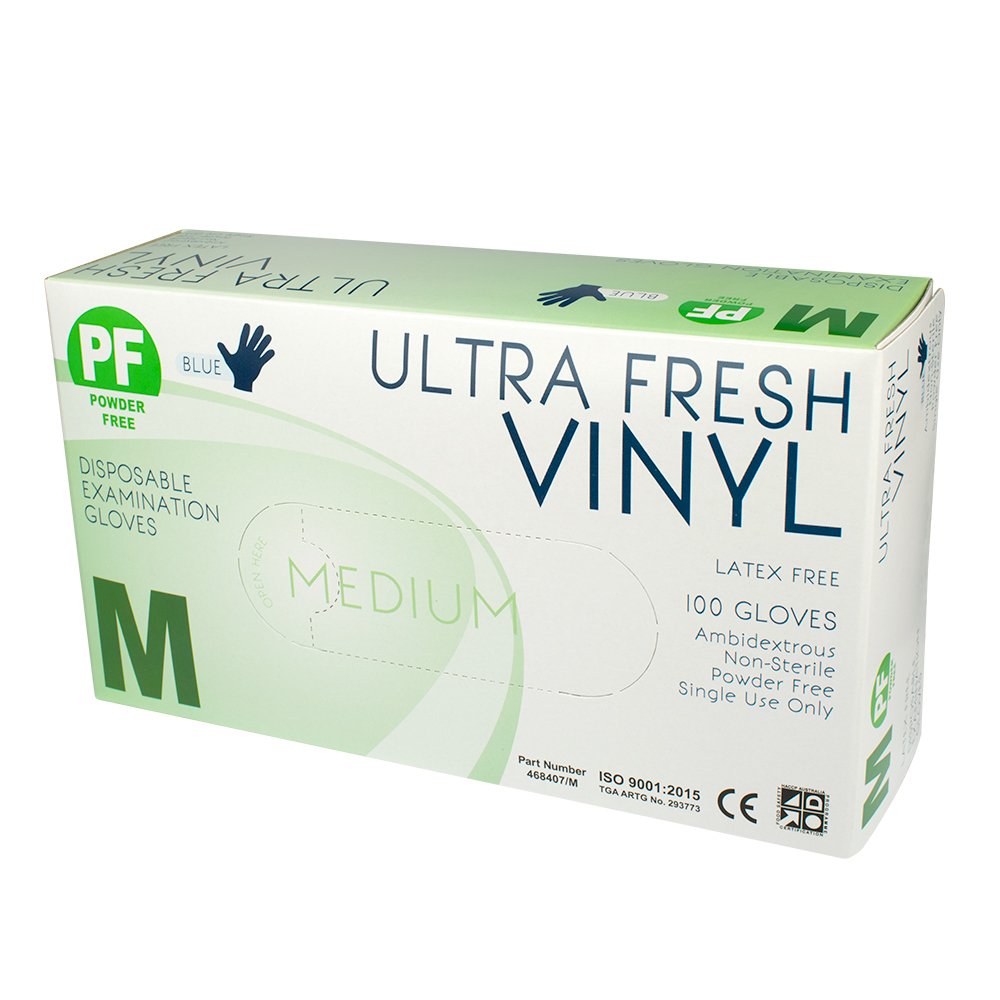 Ultrafresh Gloves Vinyl Powder Free Medium Blue, BOX 100