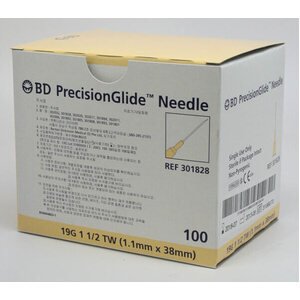 BD PRECISION GLIDE NEEDLE 19G (1.1mm) x 1½" (38mm), BOX 100