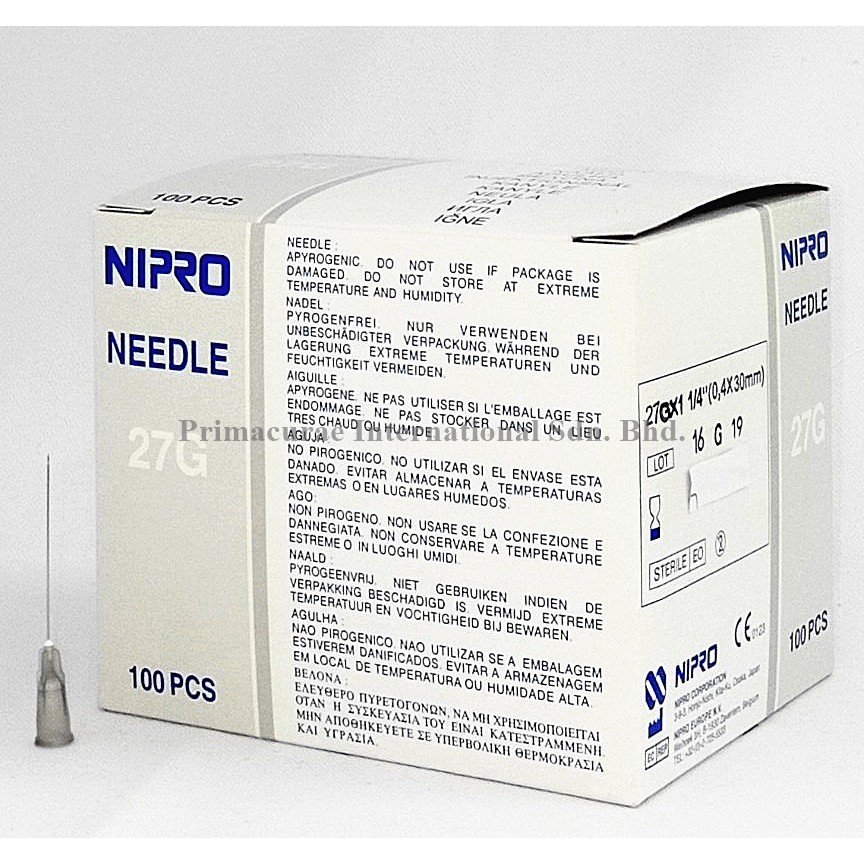 NIPRO NEEDLE 27G (0.4mm) x ½" (13 mm) BOX 100